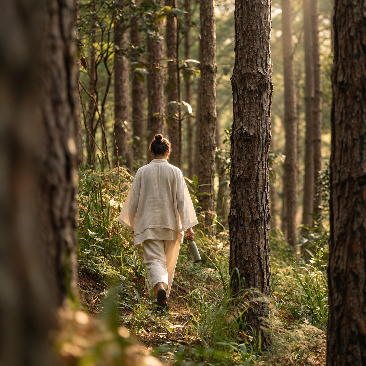 Person walking a path through a misty tropical forest beside a river