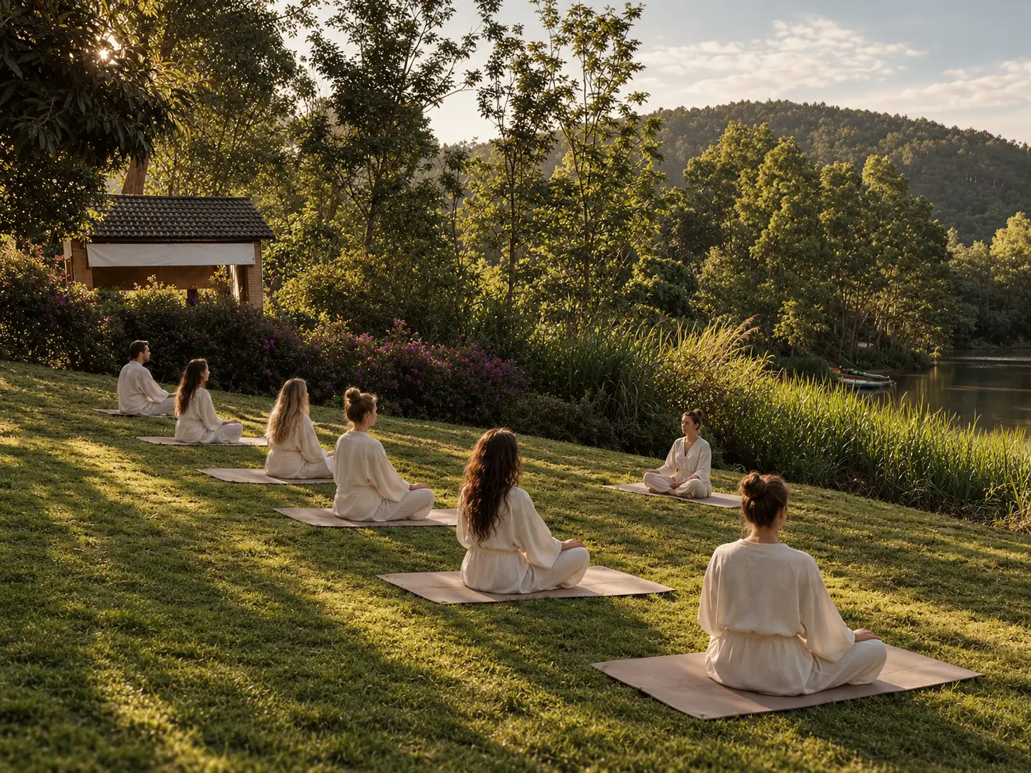Woman in linen practicing yoga warrior pose facing misty mountains