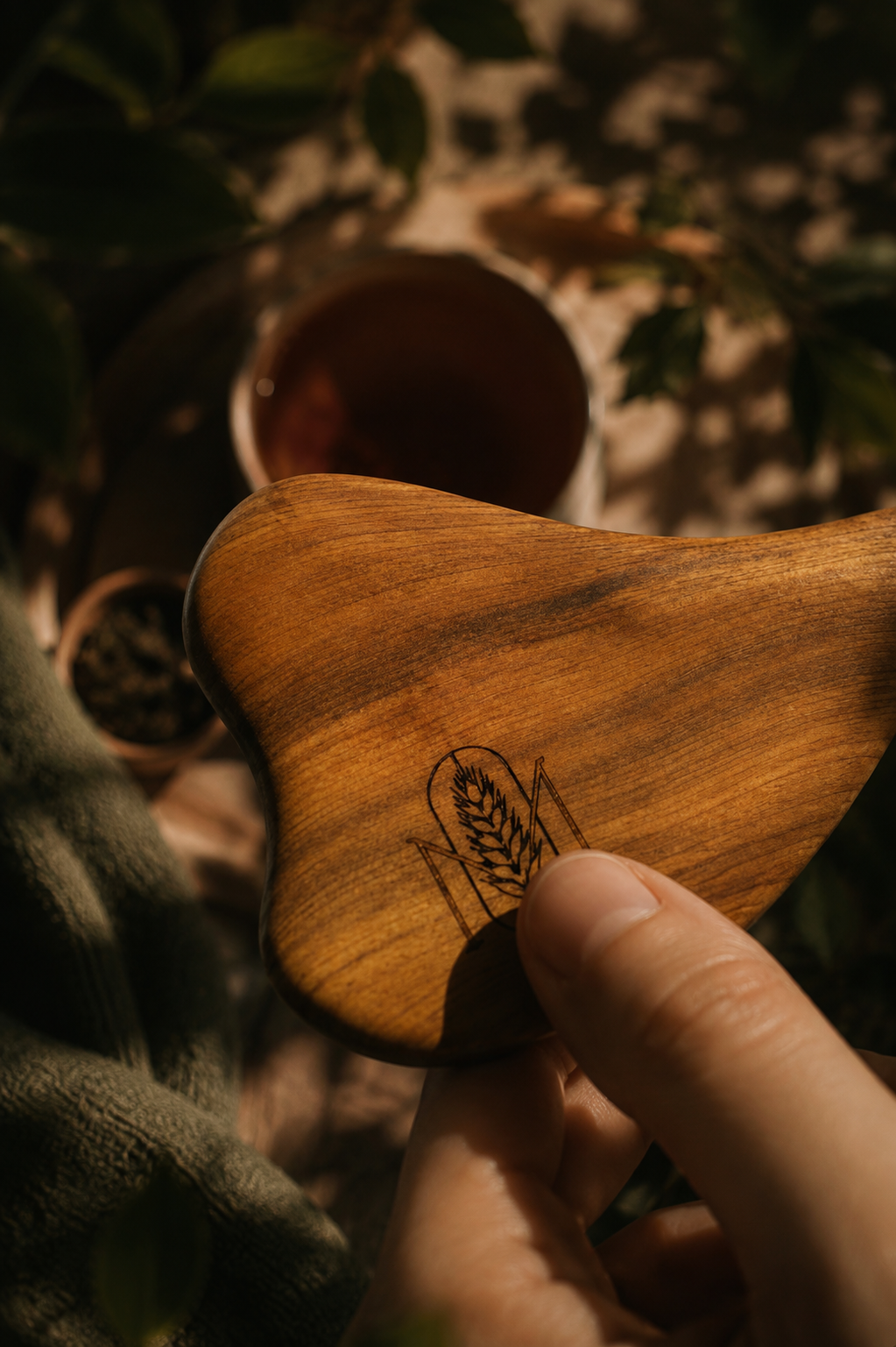 Hand holding a wooden gua sha massage tool in warm dappled sunlight