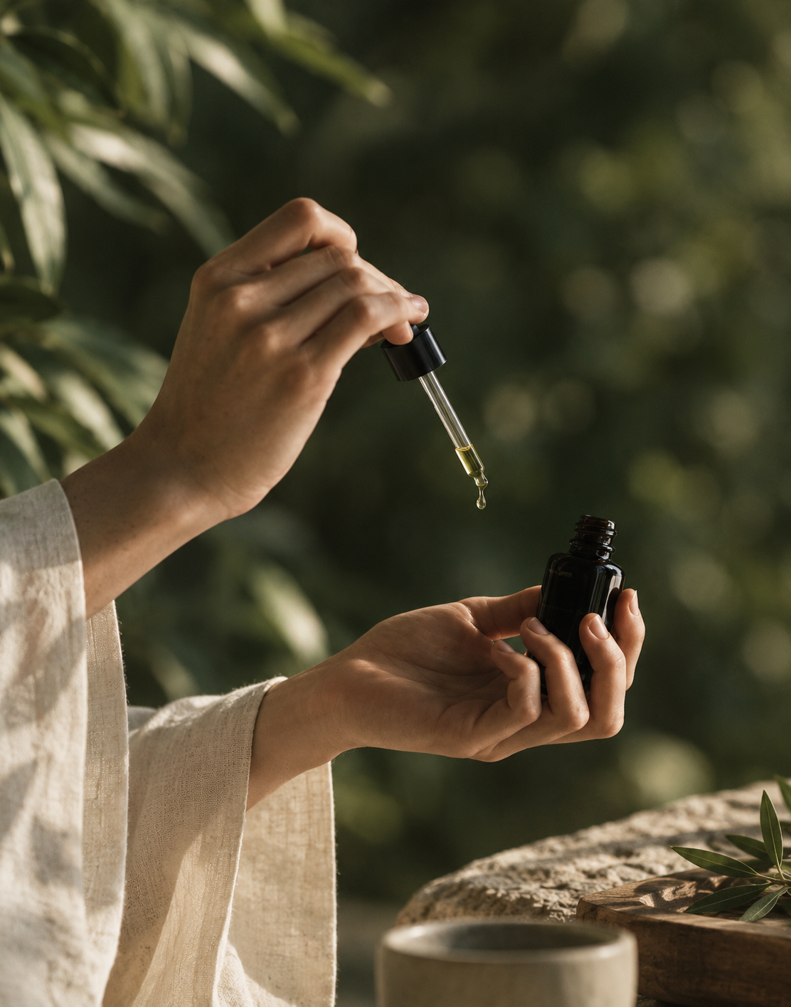 Hands holding a small dark glass dropper bottle of essential oil against deep green