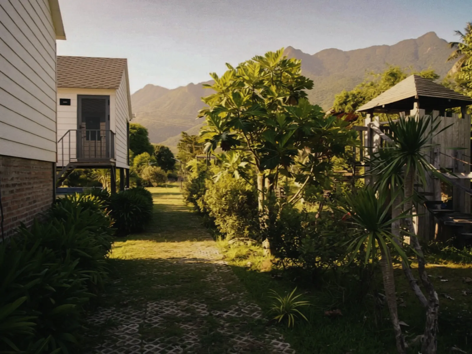 Wooden retreat exterior at dusk